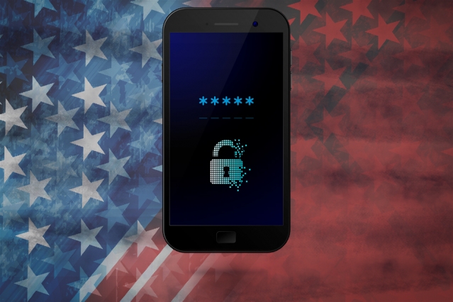 locked smart phone with American flag background