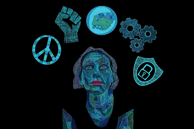 drawing of a person and symbols including a peace sign, raised fist, handshake, gears, and shield with a lock