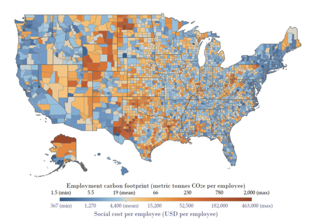 A new map shows which U.S. counties have the highest concentration of jobs that could be affected by the transition to renewable energy, based on new research by Christopher Knittel, the George P. Shultz. Image: Courtesy of the researchers